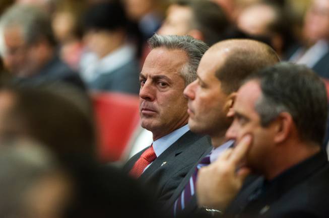 Clark County Sheriff Joe Lombardo, shown here at the Las Vegas State of the City address Thursday, Jan. 8, 2015, isn't talking about the case of a detective who published a profanity-laced, racially insensitive rant on Facebook.