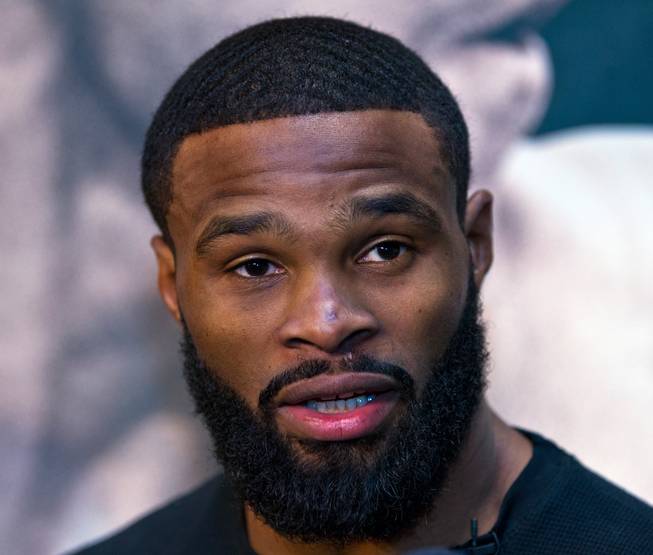 UFC welterweight contender Tyron Woodley answers a question during the UFC183 media day event on Thursday, January 29, 2015.