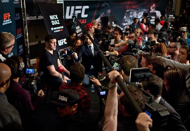Featured UFC183 fighter Nick Diaz answers a question during media day events at the MGM Grand on Thursday, January 29, 2015.