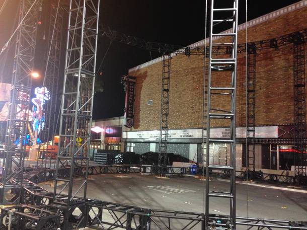 The stage and venue construction for the 56th Annual Grammy Awards concert on Fremont East, shown Sunday, Feb. 1, 2015, in downtown Las Vegas.