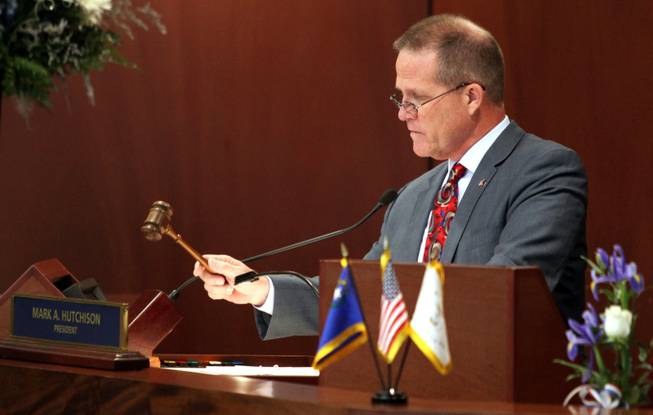 Lieutenant Gov. Mark Hutchison brings the opening session of the State Senate to order during the Nevada Legislature in Carson City, Nev., Monday, Feb. 2, 2015.