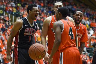 UNLV's Rashad Vaughn yells after a play in an NCAA college basketball game against Colorado State on Saturday, Feb. 7, 2015, at Moby Arena in Fort Collins, Colo.
