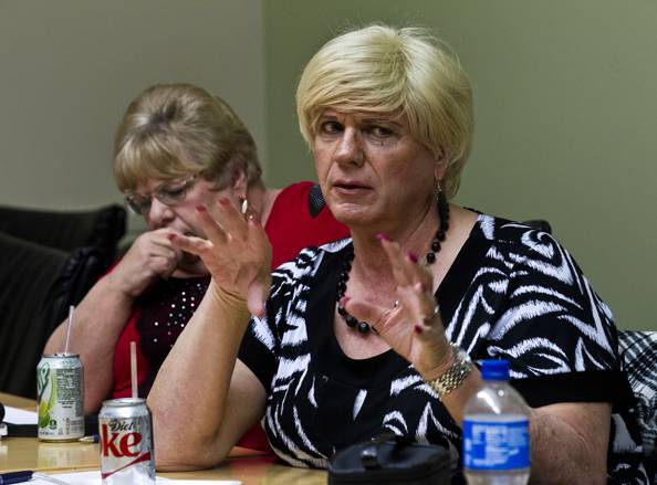 Holly Nesmith makes a point as she and spouse Toni attend a TransPride planning committee meeting at the Gay & Lesbian Community Center of Southern Nevada on Thursday, January 15, 2015. L.E. Baskow