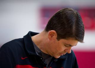 UNLV head basketball coach Dave Rice pauses while speaking to the media about former coach Jerry Tarkanian on Wednesday, Feb. 11, 2015, in Mendenhall Center. Tarkanian died today at age 84.