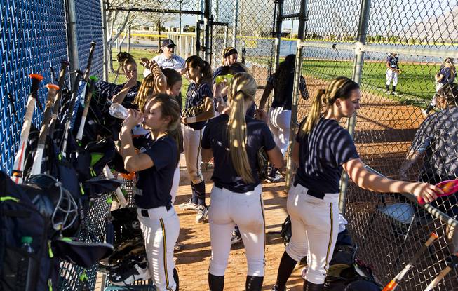 The CSN softball team readies to take the field again during practice at the Russell Road Sports Complex on Wednesday, February 4, 2015.