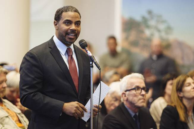 Former U.S. Rep. Steven Horsford addresses Rep. Dina Titus, D-Nev., at a public meeting about the conservation of Southern Nevada's public lands on Wednesday, Feb. 18, 2015.