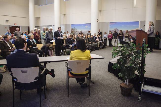 Members of the public address Congresswomen Dina Titus, D-Nevada, at a public meeting about the conservation of Southern Nevada's public lands on Feb. 18, 2015.
