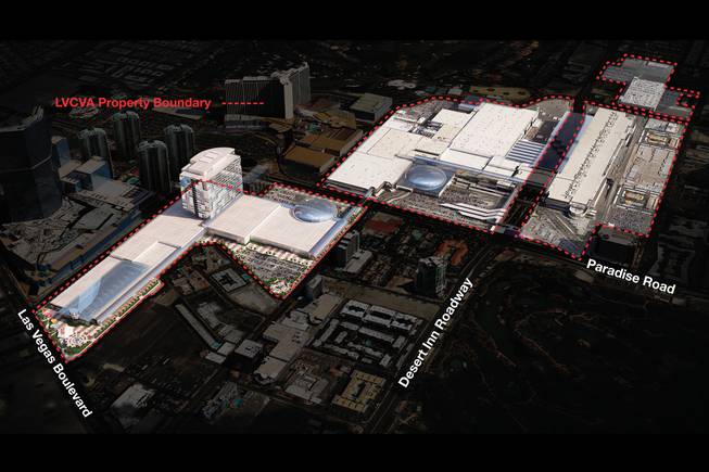This rendering, provided by the Las Vegas the Las Vegas Convention and Visitors Authority, shows where additional convention center space could be built once the Riviera is knocked down.
