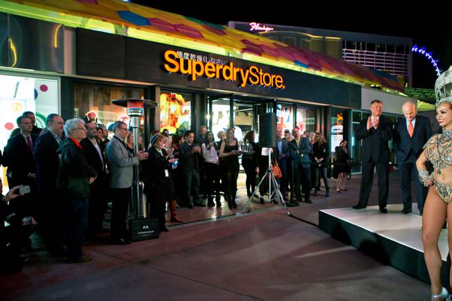 David Hoenemeyer, Larry Siegel and Tony Castelli share in a toast during the soft opening show for the Grand Bazaar Shops on Thursday, February, 26, 2015. The Swarovski Pavilion and Starburst at Grand Bazaar Shops are now open to the public with the Swarovski Crystal Starburst that towers above Grand Bazaar Shops and the Las Vegas Strip illuminated at the Midnight Celebration for the first time.