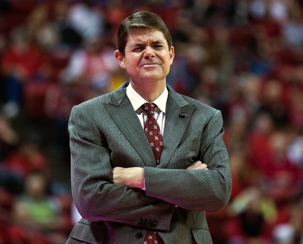 UNLV head coach Dave Rice is displeased by back-to-back turnovers against Wyoming on Saturday, Feb. 28, 2015.