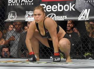 Ronda Rousey gets ready to fight Cat Zingano in a UFC 184 mixed martial arts bantamweight title bout Saturday, Feb. 28, 2015, in Los Angeles. Rousey won after Zingano tapped out 14 seconds into the first round.