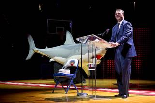 Former NBA player Chris Herren shares stories of former UNLV coach Jerry Tarkanian during a tribute to celebrate the Tarkanian's life at the Thomas & Mack Center Sunday, March 1, 2015. Tarkanian died died Feb. 11 at age 84.