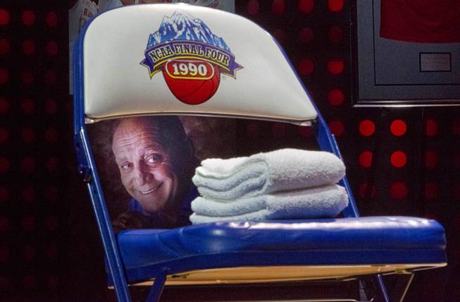 A photo of Jerry Tarkanian is seen behind a 1990 NCAA Final Four chair during a tribute to celebrate the life of the former UNLV coach at the Thomas & Mack Center Sunday, March 1, 2015. Tarkanian died died Feb. 11 at age 84.