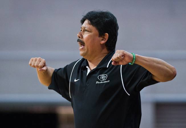 Palo Verde head coach Paul Sanchez directs his players versus Bishop Gorman during the NIAA Division 1 State Basketball Championships on Friday, February, 27, 2015.