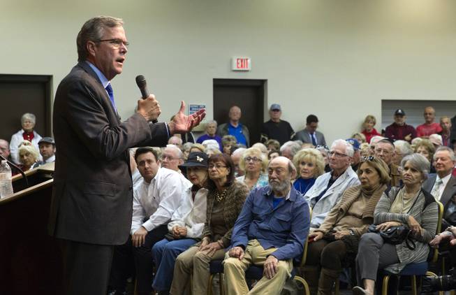 Former Florida Gov. Jeb Bush responds to a question during a question-and-answer session at the Mountain Shadows Community Center in Las Vegas, Monday, March 2, 2015. The stop was Bush's first in a national tour aimed at key states on the presidential primary calendar. 