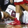 UNLV guard Patrick McCaw lies on the court with concussion-like symptoms after taking a hard shot against San Diego State at the Thomas & Mack Center, Wednesday, March 4, 2015.