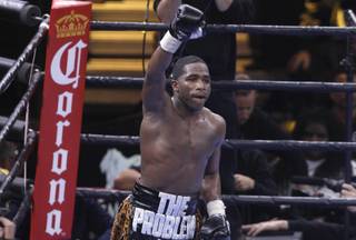 Adrien Broner of Cincinnati, Ohio, celebrates his victory over John Molina of Covina, Calif., following their super lightweight fight in the Premier Boxing Champions event at MGM Grand Garden Arena on Saturday, March 7, 2015.
