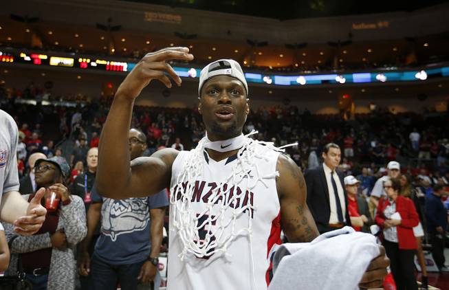 Gonzaga's Gary Bell Jr. celebrates after his team defeated BYU 91-75 in the West Coast Conference tournament championship NCAA college basketball game Tuesday, March 10, 2015, in Las Vegas. 