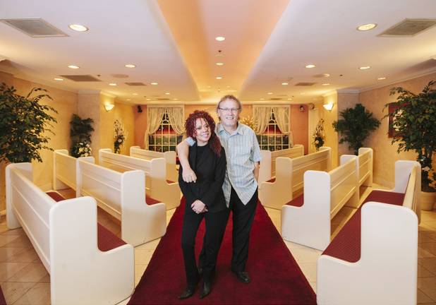Greg and Marina Welch inside the Riviera Royale Wedding Chapel.