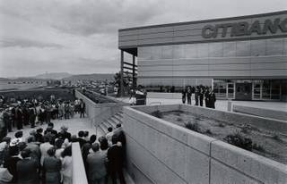 An overview of the Citibank headquarters building opening on April 15, 1985.