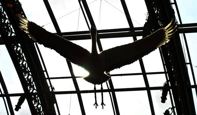 A flying crane hangs from the ceiling as the Bellagio introduces a new Japanese-inspired spring conservatory display replacing the Chinese New Year on Wednesday, March, 18, 2015.