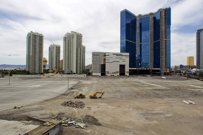 A view of the former Wet'n'Wild water park site, foreground, and the stalled Fountainebleau casino project Sunday, March 22, 2015. The site was proposed for sports arena by former UNLV basketball player Jackie Robinson but no progress is visible.