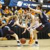 Oregon State's Sydney Wiese, center, tries to split Gonzaga's Georgia Stirton, left, and Shelby Cheslek during the first half of a college basketball game in the first round of the NCAA tournament in Corvallis, Ore., on Sunday, March 22, 2015.