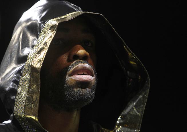 Gary Russell Jr. of Washington D.C. wears a hood in the ring before his fight against WBC featherweight champion Jhonny Gonzalez at the Palms Saturday, March 28, 2015. Russell took the title with a fourth-round TKO.