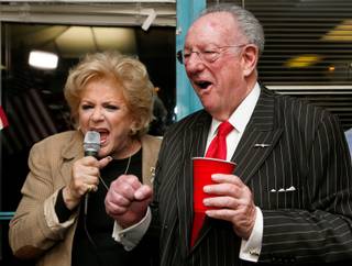 Mayor Carolyn Goodman, with husband former Mayor Oscar Goodman, excitedly announces her win and celebrates on election night Tuesday, April 7, 2015, during a party at her headquarters. Carolyn Goodman won her third term Tuesday, April 2, 2019.