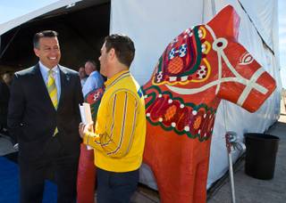Gov. Brian Sandoval greets IKEA's Joseph Roth as IKEA holds a groundbreaking ceremony for its first store in Southern Nevada on Thursday, April, 9, 2015. Roth is the Expansion Public Affairs Manager and will lead the program.