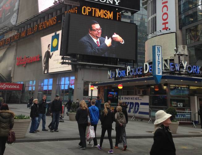 A Mazda commercial starring Penn & Teller runs on an endless loop on a giant Sony LED screen in Times Square in New York. The two Las Vegas headliners  open their first Broadway run in 30 years on July 7 at Marquis Theatre.