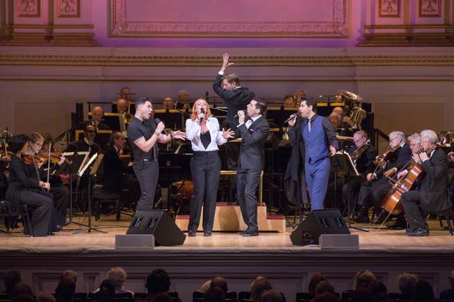 Las Vegas headliner Frankie Moreno, Storm Large, Ryan Silverman and Tony DeSare perform during the "Let's Be Frank" show with the New York Pops at Carnegie Hall on Friday, April 10, 2015, in New York City. New York Pops Music Director Steven Reineke directed the orchestra.