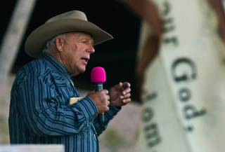 Cliven Bundy addresses his supporters with a few thoughts on liberty and freedom during the Bundy Ranch Liberty Celebration near Bunkerville on Saturday, April, 11, 2015.