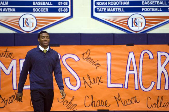 Basketball player Nick Blair is introduced during a signing day ceremony at Bishop Gorman High School Wednesday, April 15, 2015. Eight student-athletes signed national letters of intent.  .