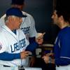 The Las Vegas 51s manager Wally Backman talks seriously in the dugout as they have their home opener versus the Fresno Grizzles at Cashman Field. on Friday, April 17, 2015.  L.E. Baskow