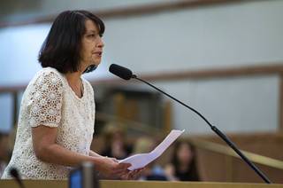 Julie Belshe speaks during a commission meeting at the Clark County Government Center Tuesday, April 21, 2015. Commissioners called for a blue ribbon panel to investigate the professional guardianship system.  ..