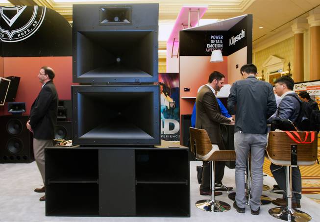 Klipsch speakers for theaters are on display in the trade show during the CinemaCon Convention officially run by the National Association of Theatre Owners (NATO) at Caesars Palace on Tuesday, April 21, 2015.
