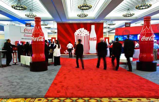Coca-Cola displays many of their products during the concessions trade show for the star-studded CinemaCon Convention officially run by the National Association of Theatre Owners (NATO) at Caesars Palace on Tuesday, April 21, 2015.