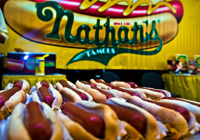 Nathan's Famous hot dogs can be sampled during the concessions trade show for the star-studded CinemaCon Convention officially run by the National Association of Theatre Owners (NATO) at Caesars Palace on Tuesday, April 21, 2015.