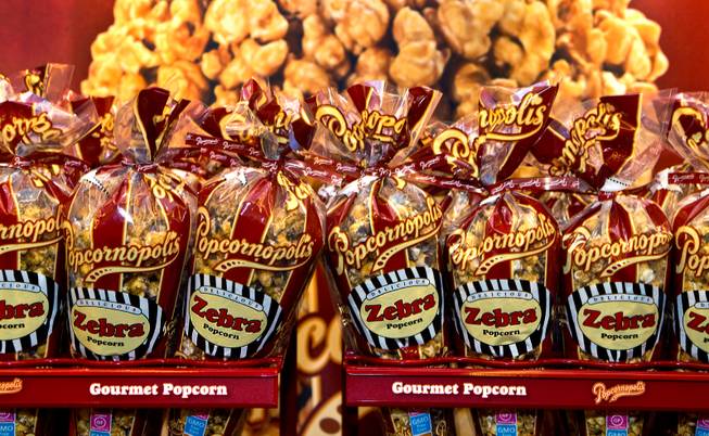 Zebra Popcorn is one of the many products on display during the concessions trade show for the star-studded CinemaCon Convention officially run by the National Association of Theatre Owners (NATO) at Caesars Palace on Tuesday, April 21, 2015.