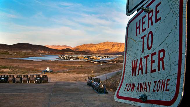 The Callville Bay Marina is quite recessed and farther from the old boat launch on Lake Mead with the water at it's the lowest level since it was filled in the 1930s and 148 feet below capacity on Wednesday, April 22, 2015.