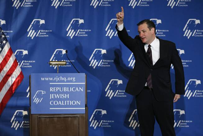Presidential candidate Sen. Ted Cruz, R-Texas, greets his audience as he prepares to speak at the Republican Jewish Coalition spring leadership meeting Saturday, April 25, 2015, in Las Vegas. 