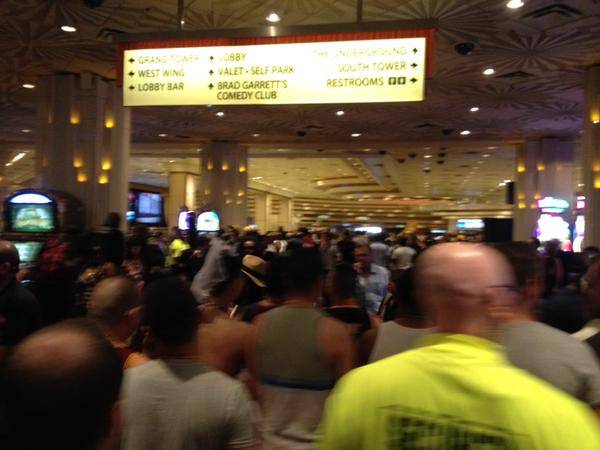 Crowds pack the MGM Grand before the Mayweather-Pacquiao fight Saturday, May 2, 2015.