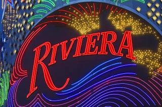 7:45 p.m. - Lights are shown at the Riviera facade Sunday, May 3, 2015.  STEVE MARCUS
