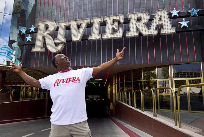9:51 a.m. - Entertainer Larry Edwards poses in front of the Riviera Monday, May 4, 2015. Edwards performed as Tina Turner in "An Evening at La Cage" at the casino from 1987 to 2009, he said. The 60-year-old Riviera, which was the Las Vegas Strips first high-rise property, will be imploded to make way for a $2.3 billion convention center business district facility. 