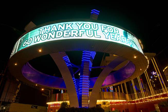 12:15 a.m. - A sign displays a "thank you" message to guests in front of the Riviera Monday, May 4, 2015. 