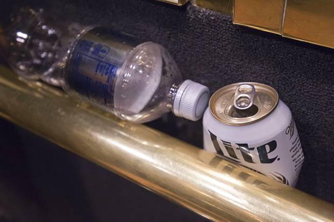 1:17 a.m. - A empty beer can is left in an elevator at the Riviera Monday, May 4, 2015.