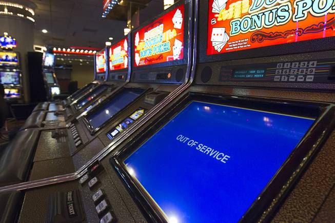 12:15 p.m. - Video poker machines are shown "out of service" after the Riviera was closed Monday, May 4, 2015.  STEVE MARCUS