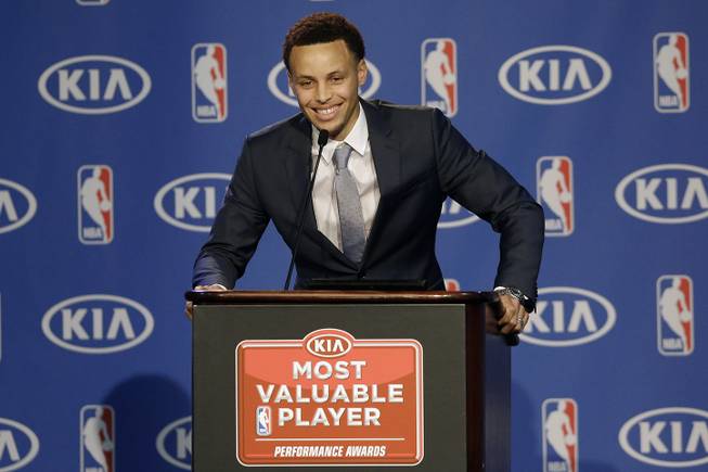 Golden State Warriors guard Stephen Curry speaks at a news conference Monday, May 4, 2015, in Oakland, Calif., announcing him as the NBA Most Valuable Player. Curry won the league's top individual award, beating out Houston's James Harden in a race that turned out not to be that close. 
