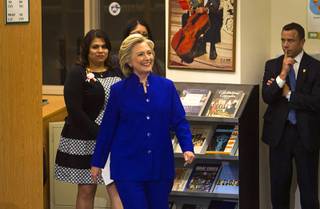 Democratic Presidential candidate Hillary Clinton arrives for a campaign stop at Rancho High School Tuesday, May 5, 2015. Clinton joined a roundtable of 